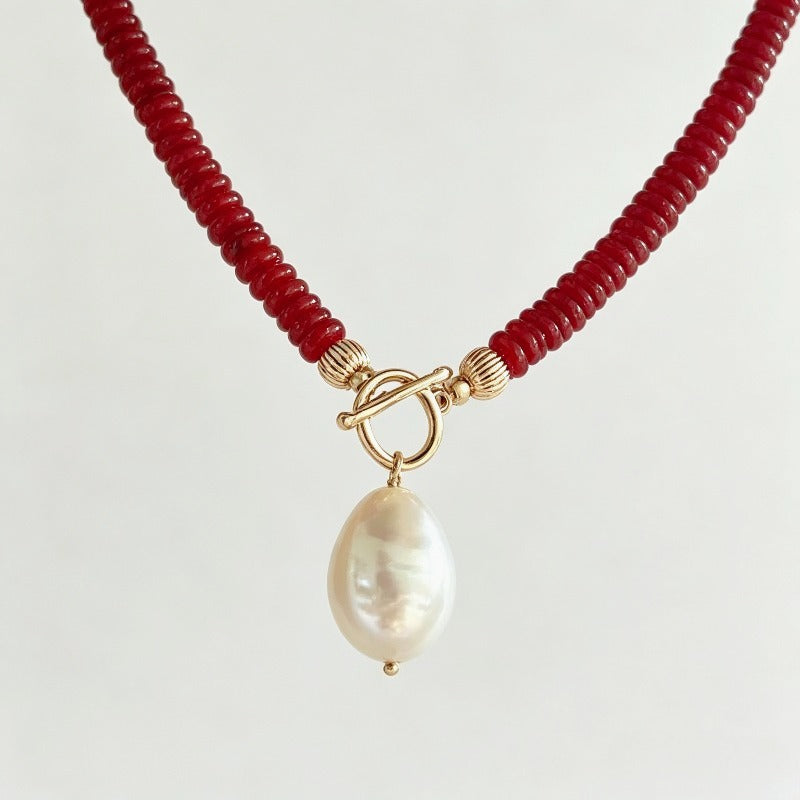 Garnet Rondelle & Pearl Pendant Necklace