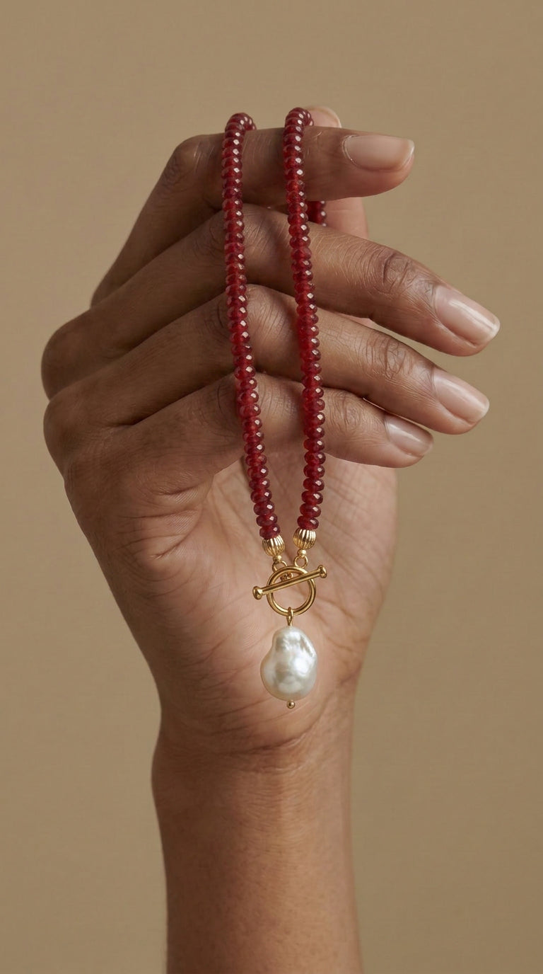 Garnet Rondelle & Pearl Pendant Necklace