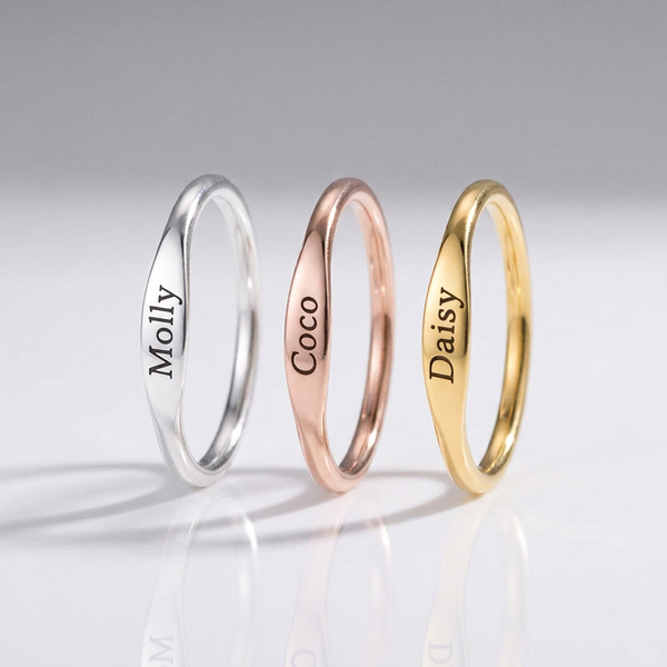 Etched Reminder Ring studio shot, gold, rose gold, silver